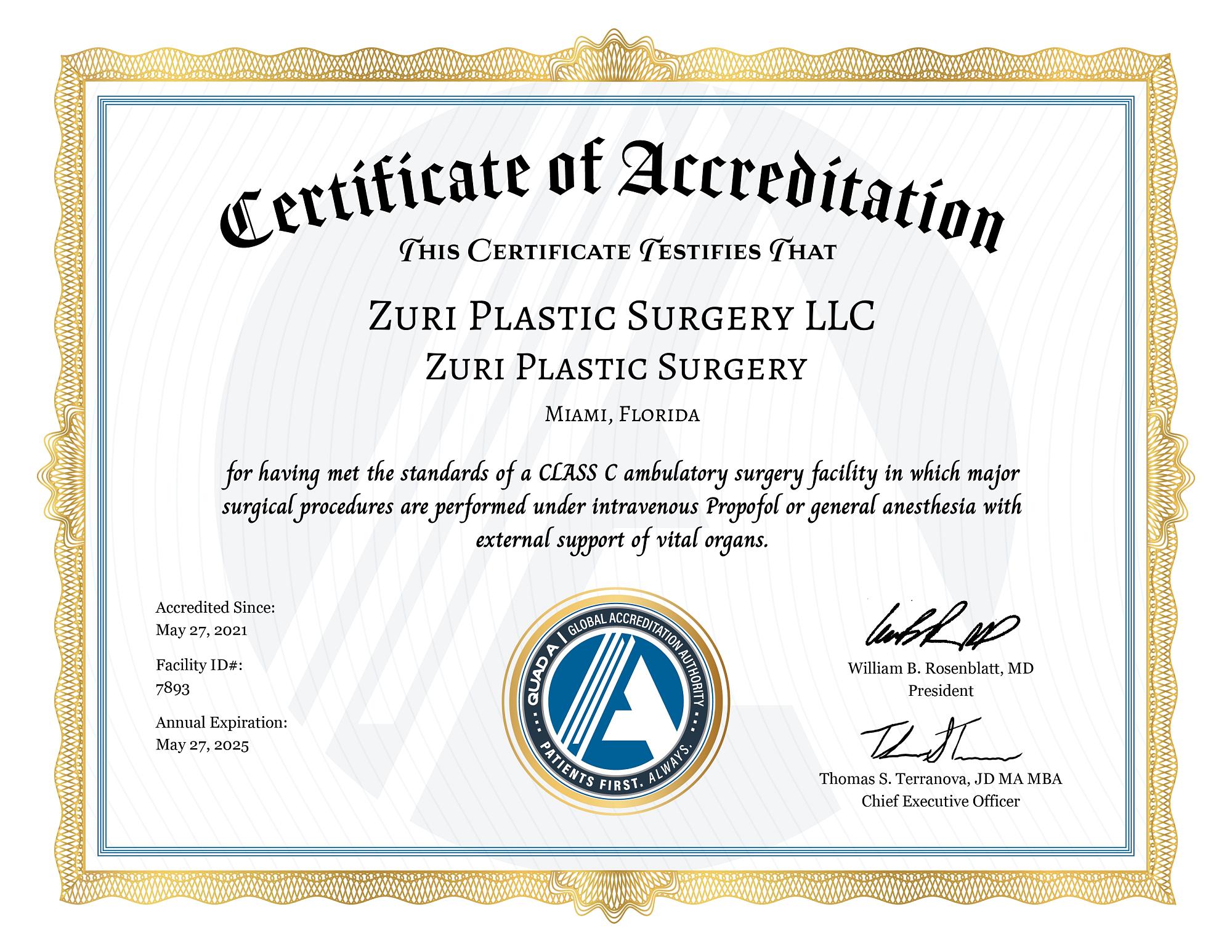 The American Board of Plastic Surgery Dr. Alexander Zuriarrain cert